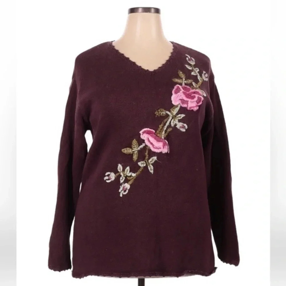 Vintage Newport News Y2K Sweater Maroon Floral Embroidered Knit V Neck Size XL